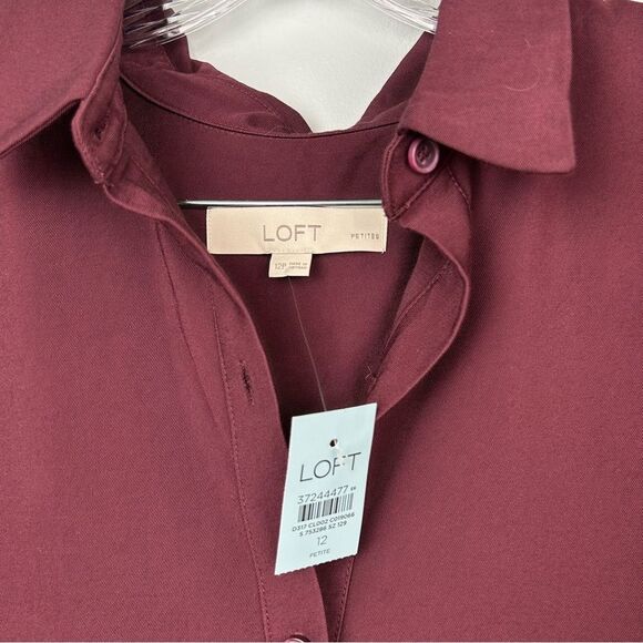 Loft Pleated Waist Midi Dress NO TIE Deep Burgundy Long Sleeve Button Front 12P - Picture 6 of 16